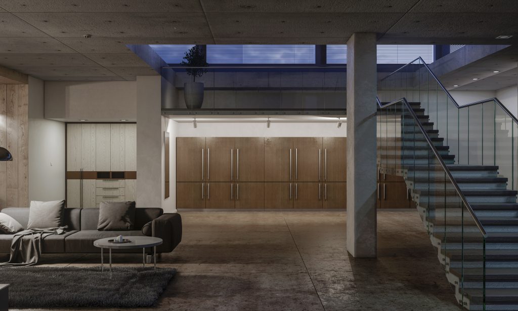 a living room in the basement with high-quality concrete repairs